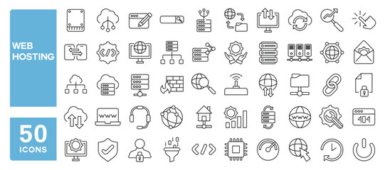Set of 50 line icons related to web hosting, webspace, data exchange, domain, cloud, website, web design, internet, Editable stroke. Vector illustration