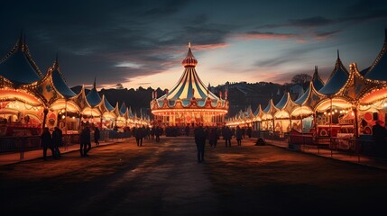 A vibrant carousel at dusk, with visitors walking around.