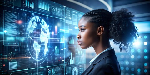 A focused businesswoman analyzing digital data on a futuristic screen, representing technology, global business, and data-driven decision-making.