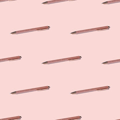 Seamless pattern with pink or peach fuzz color pen with glitter coating on pastel pink background with shadows. Flat lay. Office supplies