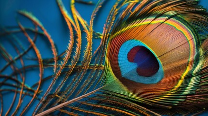 A vibrant peacock feather texture with intricate details and brilliant colors, perfect for a bold graphic background.