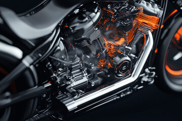 motorcycle engine with vibrant orange highlights showcasing its powerful and intricate design