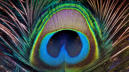 Fototapeta premium A vibrant peacock feather texture with intricate details and brilliant colors, perfect for a bold graphic background.