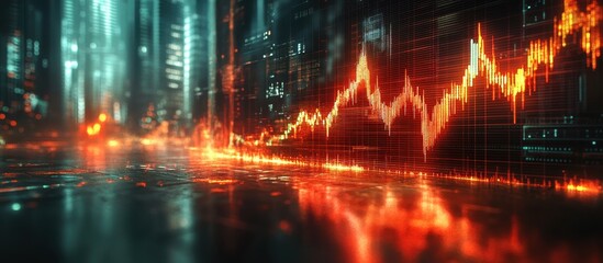 Fototapeta premium Futuristic Digital Financial Chart with Glowing Red and Orange Graphs in a Modern Cityscape