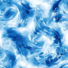 A dramatic cloudscape pattern in shades of blue and white, featuring swirling abstract clouds that create a dynamic and seamless design.
