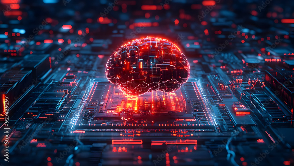 Poster a futuristic depiction of a brain on a circuit board, symbolizing artificial intelligence and advanc