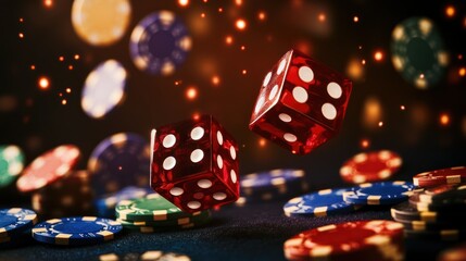 Red Dice and Casino Chips on a Black Table