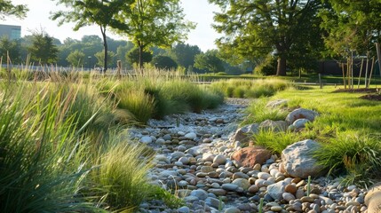 Explore the role of grasses in managing stormwater. How do grasses help absorb rainfall, reduce runoff, and mitigate flood risks