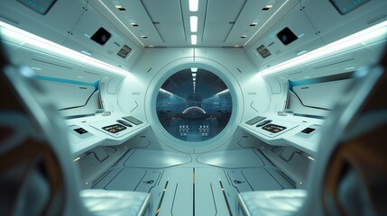 A view inside an interstellar travel pod designed for deep space missions, showing a stasis chamber and navigational controls under soft ambient lighting.