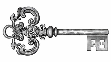 A vintage key illustration in an ornate style, rendered in black and white, suitable for use in logo designs or as a decorative element in print media.