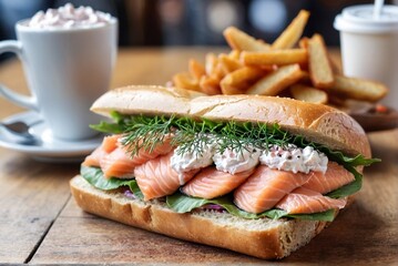 Delicious salmon cream cheese sandwich on a wooden table in a restaurant with copy space.