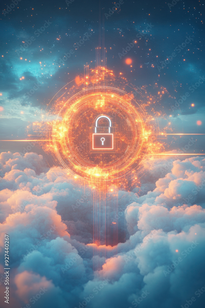 Poster cloud security measure, a vibrant hologram of a lockpad icon floating above a dynamic cloud system, 