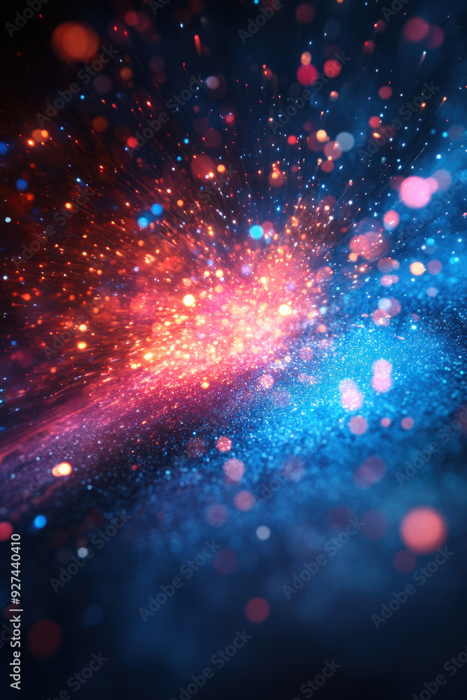 Poster versus background, colliding splash of neon blue and red energy elements with vibrant particles, rad