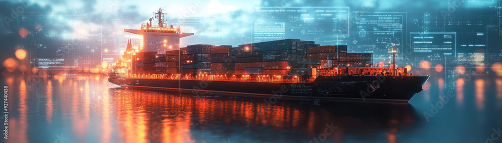 Poster blockchain integration, in a vibrant digital landscape, a hologram of a cargo ship is featured promi