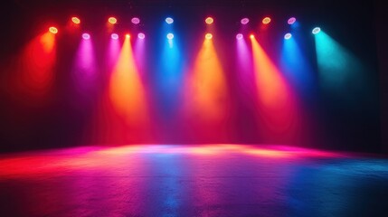 Colorful Stage Lights Illuminating an Empty Performance Space with Vibrant Red, Blue, Green, and Purple Beams