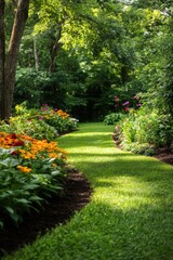 Fototapeta premium A serene garden path adorned with vibrant flowers and lush greenery, perfect for peaceful strolls and relaxation amidst nature.