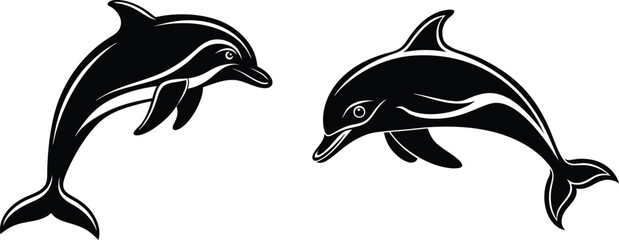 2 Set of Dolphin Silhouette Vector Illustration Art