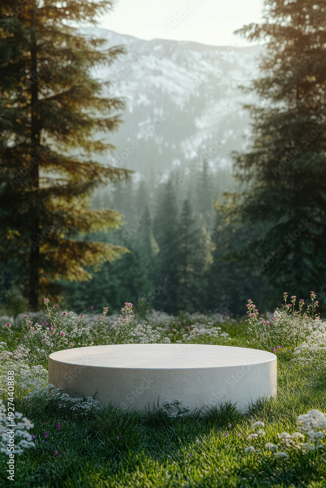 Poster nature product placement backdrop, centered in the image is a simple, elegant mockup podium placed o