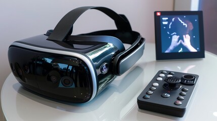 A virtual reality headset used for cognitive therapy sessions, displayed next to a control pad that adjusts settings and therapy modes.