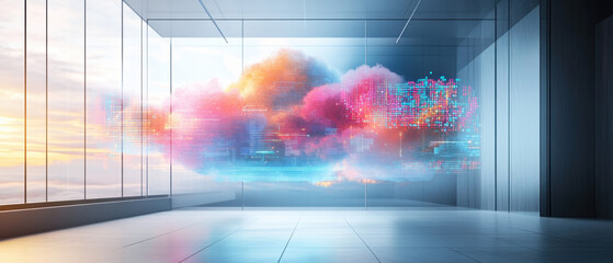 Naklejka premium Cloud API integration, A futuristic hologram illustrating cloud API integration, situated in a minimalistic workspace, featuring colorful data clouds and flow patterns vividly