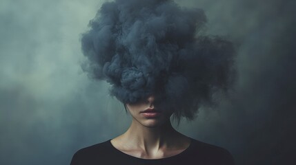 A woman stands with a cloud of smoke obscuring her face and eyes, suggesting a feeling of anxiety or overwhelm.