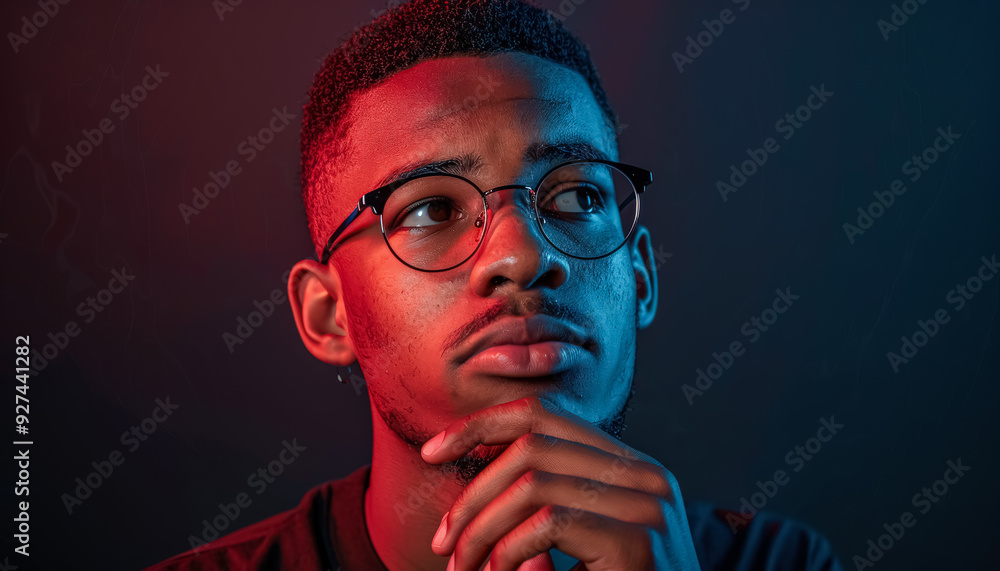Aufkleber a man with glasses is looking down and thinking. the image has a mood of contemplation and introspec