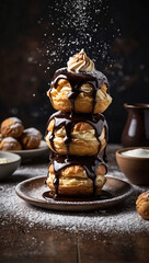 A tower of profiteroles filled with vanilla cream, stacked into a pyramid and drizzled with warm chocolate sauce, with a dusting of powdered sugar for a snowy effect