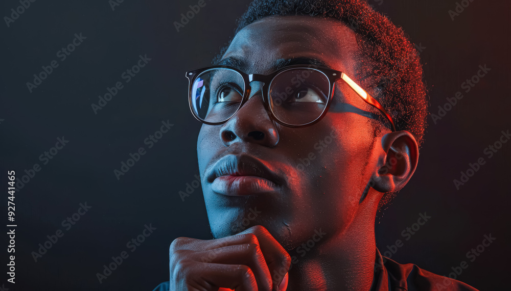 Poster a man with glasses is looking down and thinking. the image has a mood of contemplation and introspec