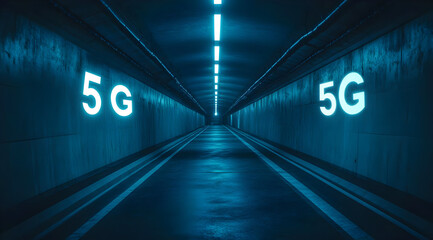 A futuristic tunnel illuminated in blue light featuring glowing 5G signage, symbolizing advanced technology and connectivity.