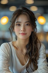 Obraz premium Young Chinese female teacher sitting at her desk, grading papers, with a smile