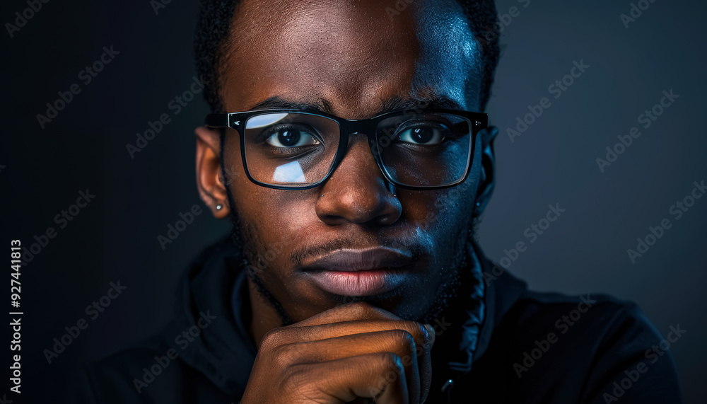 Aufkleber a man with glasses is looking down and thinking. the image has a mood of contemplation and introspec