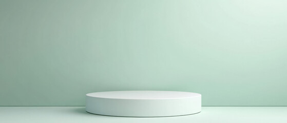 Pastel product placement backdrop,  Central to the image is a minimalist white podium set before a soft pastel green backdrop. The design is unobtrusive, making it a perfect choice