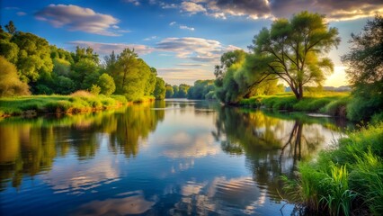 Obraz premium Tranquil river scenes captured in photography, river, nature, water, tranquil, peaceful, serene, landscape, reflection, calm
