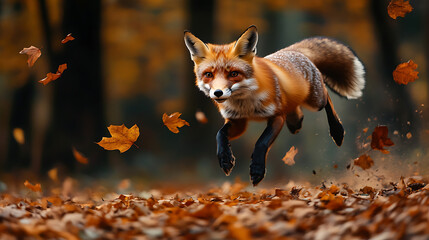 Fototapeta premium a fox mid-sprint through an autumn forest, with vibrant leaves scattered on the ground, embodying the energy and joy of the season