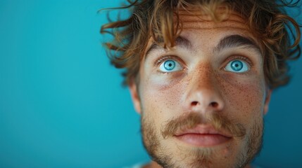 Young man expressing surprise standing against a solid studio background
