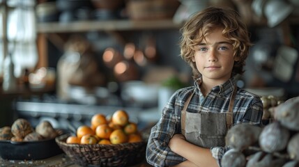 Fototapeta premium Young boy blogger sharing cooking tips, ingredients laid out, kitchen environment