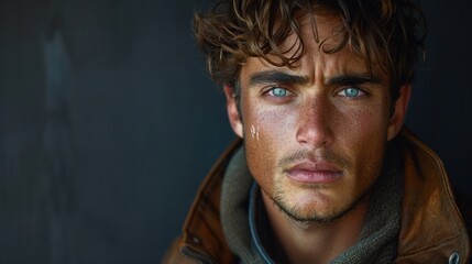 Obraz premium Young man expressing sadness standing against a solid studio background