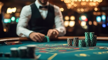 Casino Gambler Placing Chips on Roulette Table