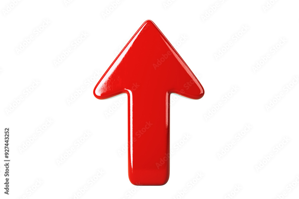 Poster A red 3D arrow pointing upward against a white background. Concept of rise, direction, and movement. Clean and isolated design. 3D Rendering