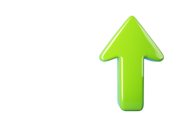 Glossy green arrow pointing upward, isolated on a white background. Clean and simple design concept representing direction and growth. 3D Rendering