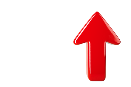 Red upward arrow isolated on a clean white background. 3D Rendering. Concept of direction, rise, and volume increase