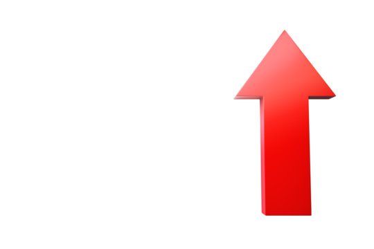 Red 3D upward arrow isolated on a clean white background. Represents the concept of direction, growth, and upward movement. 3D Rendering