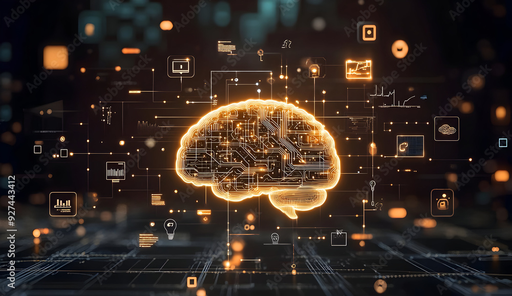 Poster a glowing brain made of circuits and data, symbolizing artificial intelligence and digital innovatio