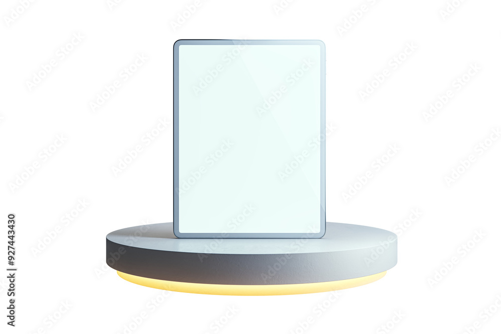 Poster Digital tablet with a blank screen standing on a round pedestal. Isolated on a white background. Concept of modern technology and digital devices. 3D Rendering