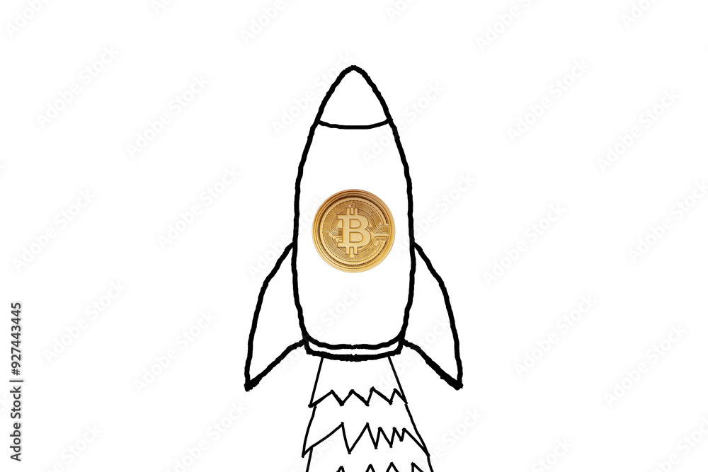 Poster Bitcoin coin integrated into a doodle rocket sketch on a white background. Concept of cryptocurrency growth and innovation. 3D Rendering