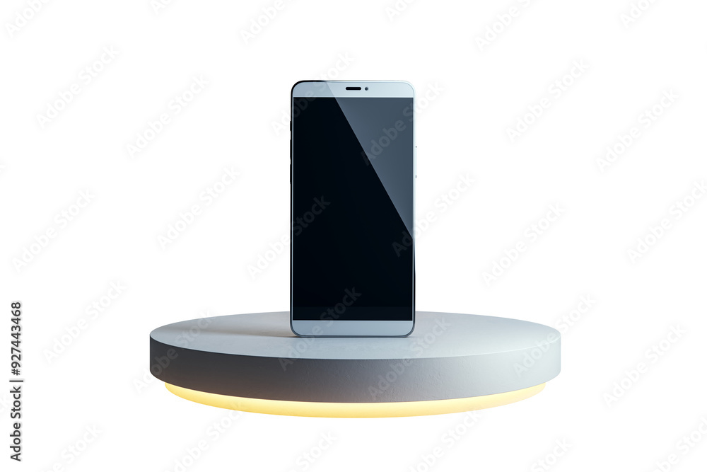 Poster Modern smartphone on round pedestal with a lit base, isolated on a clean white background. Concept of digital presentation. 3D Rendering