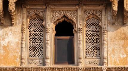 Obraz premium A detailed close-up of the intricate jali work on an Indian palace window, showcasing traditional craftsmanship