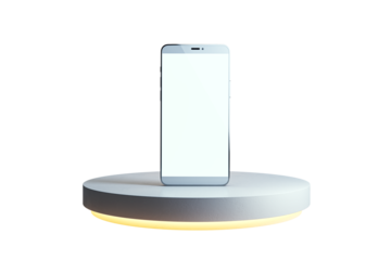 A smartphone with a blank screen is displayed on a round podium with a glowing base, isolated on a white background. 3D Rendering