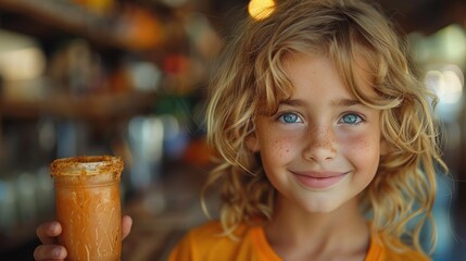 Fototapeta premium Young boy blogger promoting healthy lifestyle tips, holding a smoothie, fresh and vibrant atmosphere