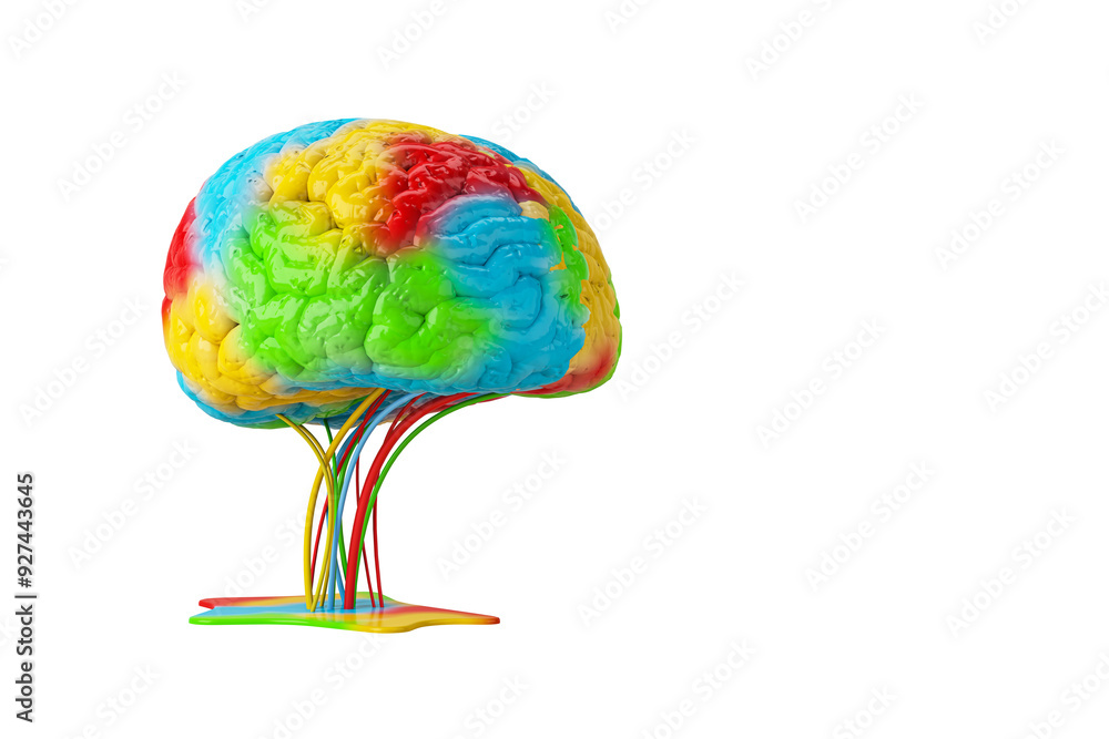 Poster Illustration of a colorful brain with multicolored segments, isolated on a white background. Concept of creativity and psychology. 3D Rendering